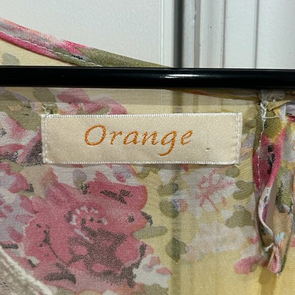 Orange Floral Chiffon Sheer Blouse Lace Trim Lightweight Top Size OS Bohemian - Picture 6 of 10